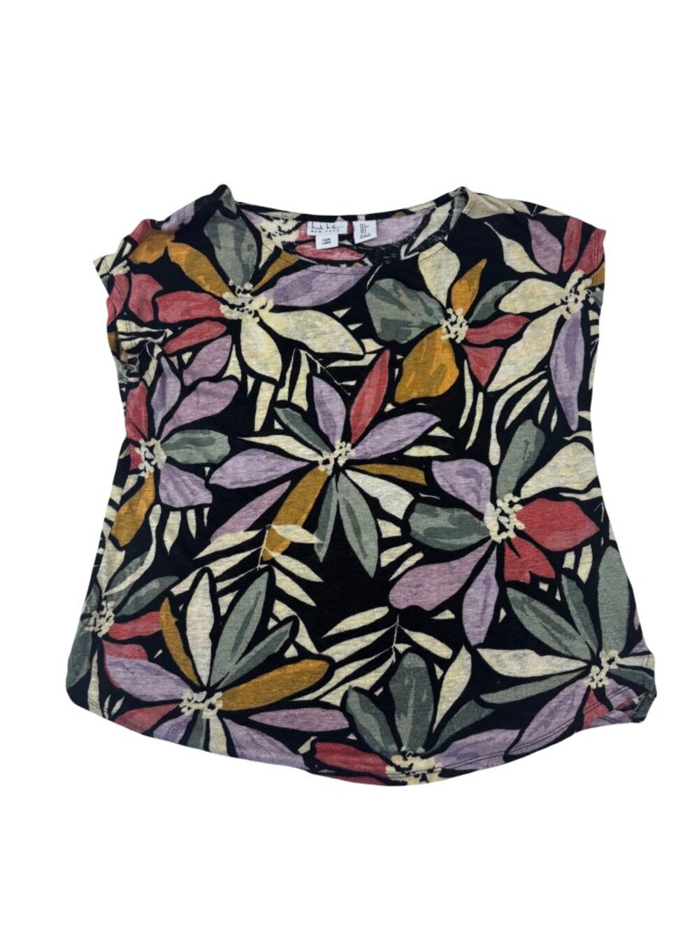 Nicole Miller Womens L Black Floral Print 100% Linen Top Cap Short Sleeveless